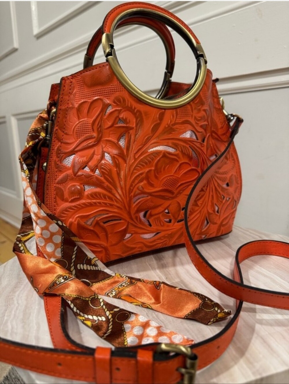 Patricia Nash Bag Aria Double Ring Orange Leather Floral Laser Cut Crossbody